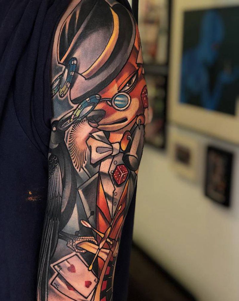 旧纹身遮盖纹身图片_手臂狐狸乌鸦纹身图案