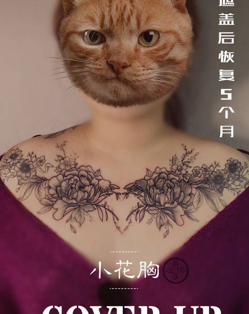 旧纹身遮盖纹身图片_胸部New School旧遮盖花小花胸纹身图案