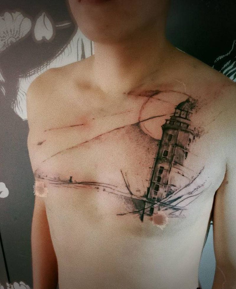 速写灯塔纹身图片_胸部纹身图案