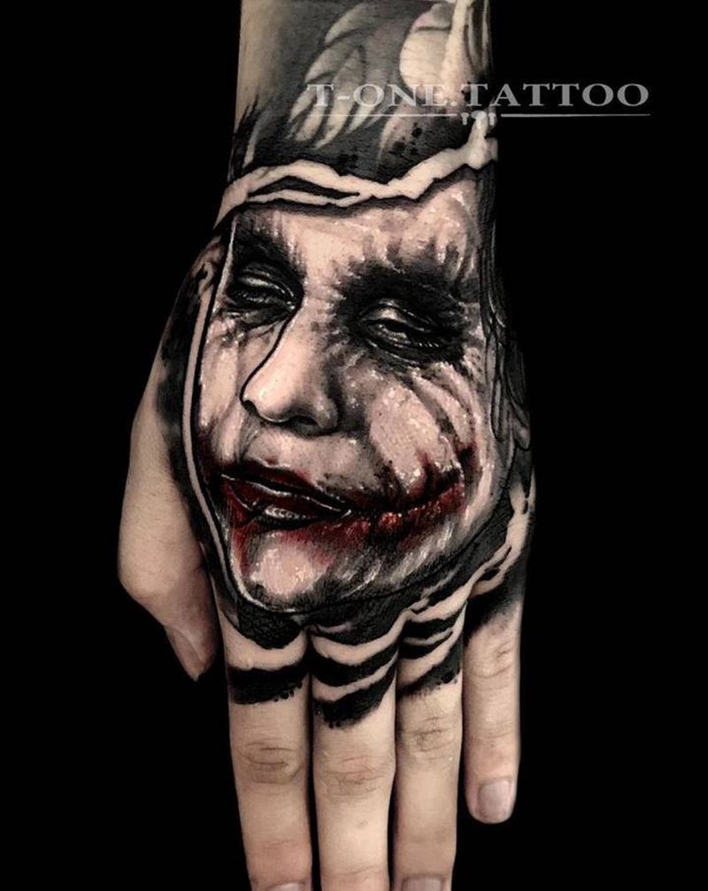 T-one纹身图片_手部欧美写实暗黑小丑欧美写实纹身图案