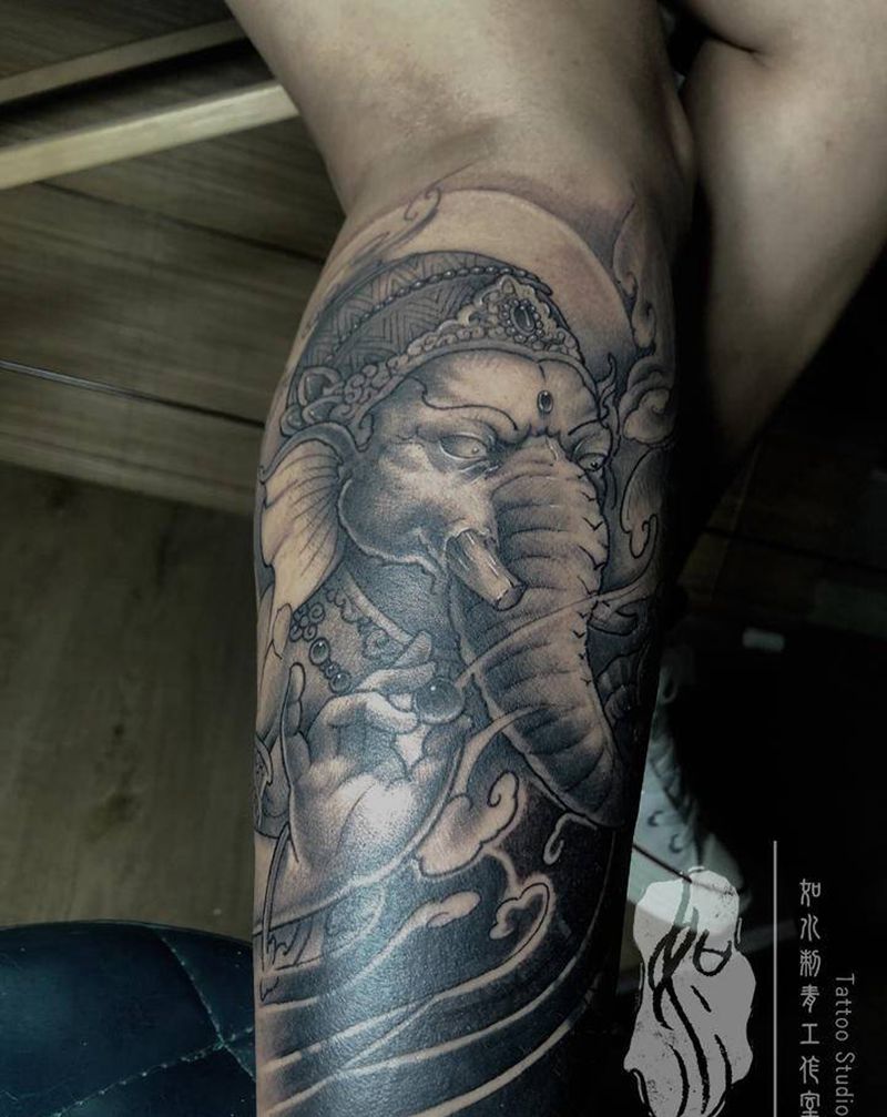 象神遮盖。纹身图片_腿部新传统纹身图案
