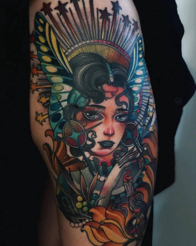 蝴蝶女孩纹身图片_腿部New School人纹身图案