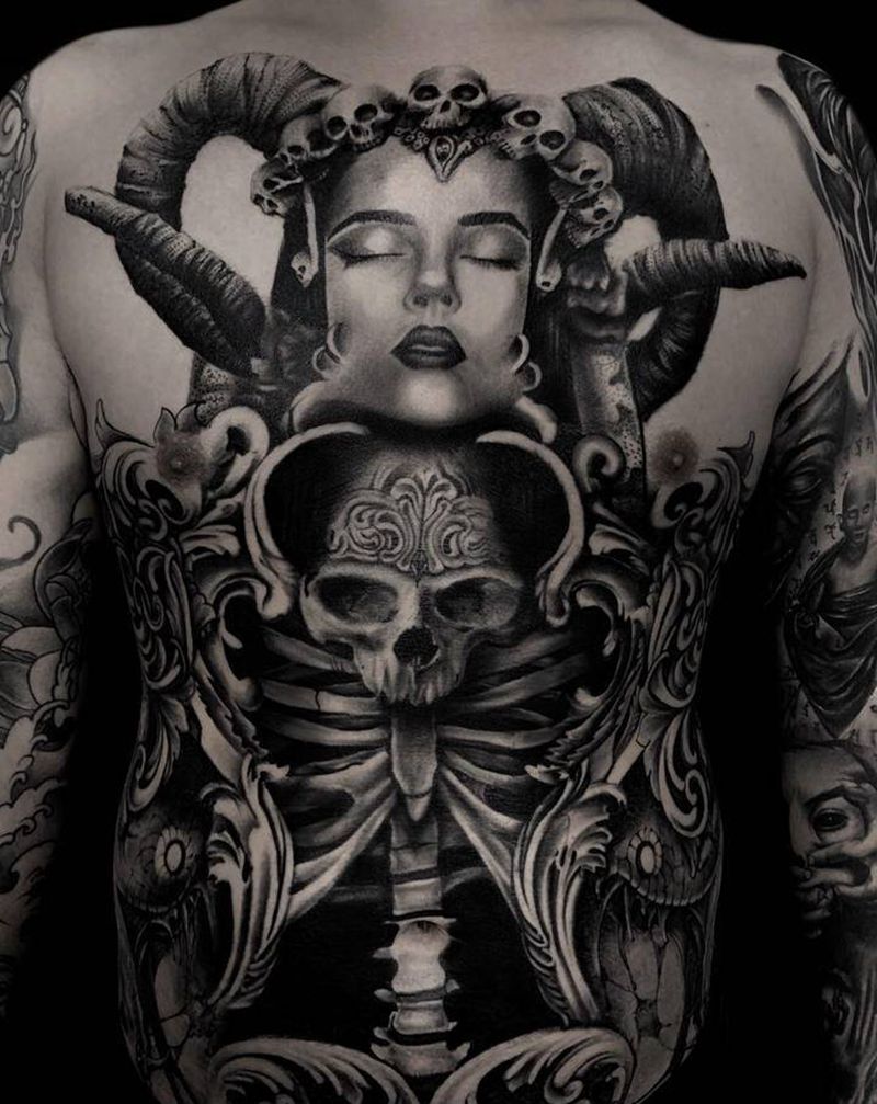 T-one纹身图片_胸部腹部欧美写实暗黑原创纹身图案