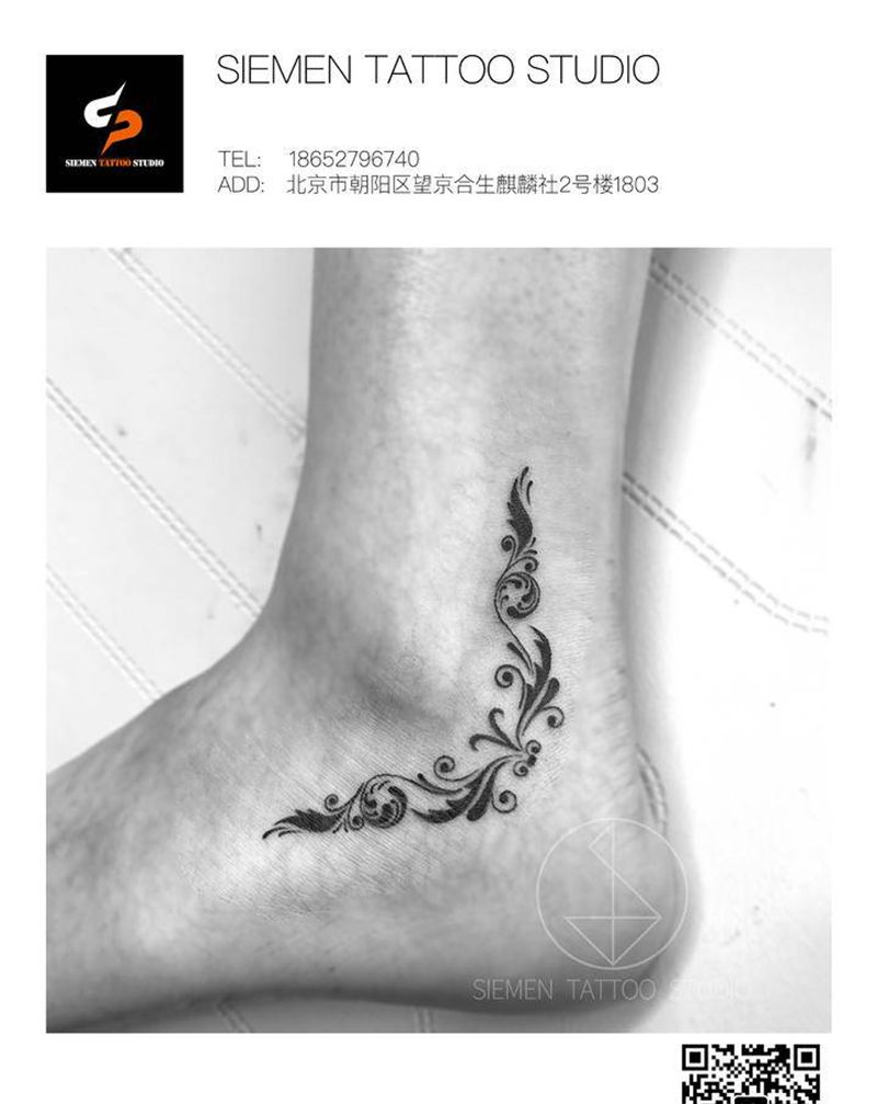 藤蔓纹身图片_脚部图腾几何卷草纹纹身图案