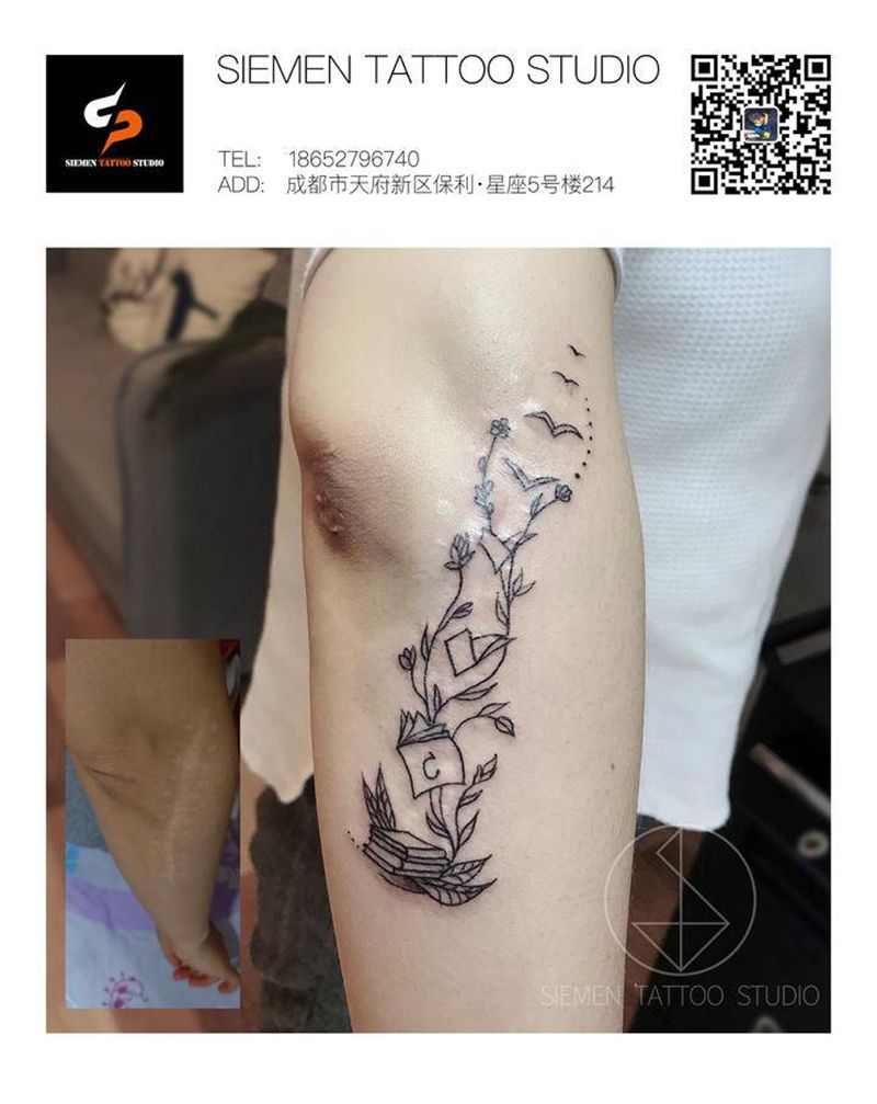 书纹身图片_手臂几何花草书本遮疤纹身图案