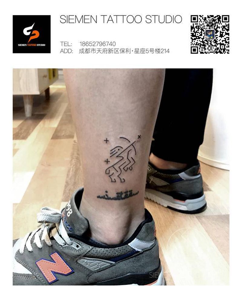 射手座纹身图片_腿部几何射手座线条纹身图案