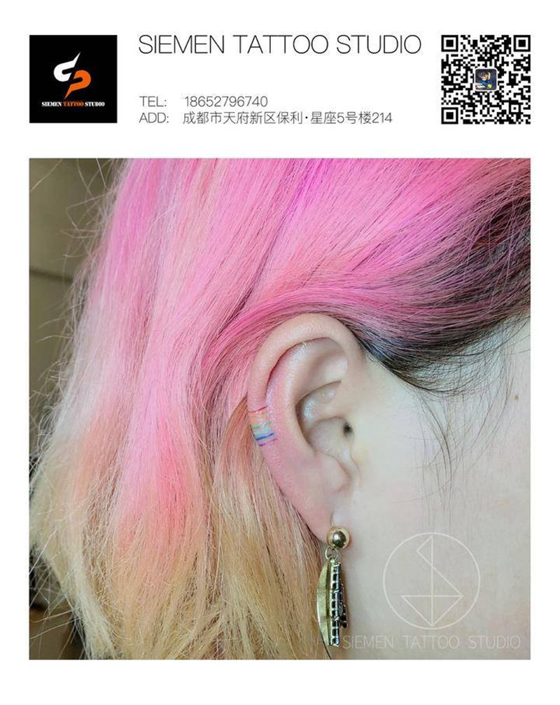 耳环纹身图片_几何水彩线条彩色纹身图案