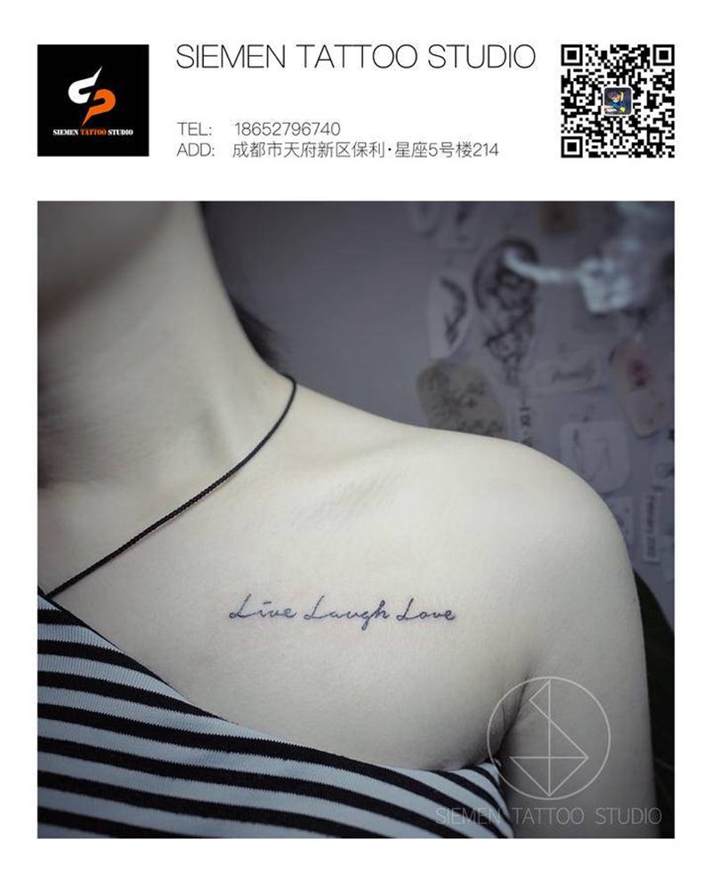 英文纹身图片_肩部花体字几何英文手写线条纹身图案