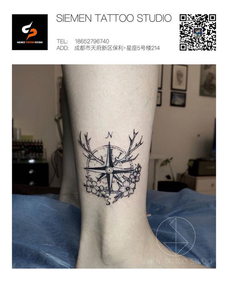 指南针纹身图片_腿部几何图腾指南针鹿角花纹身图案