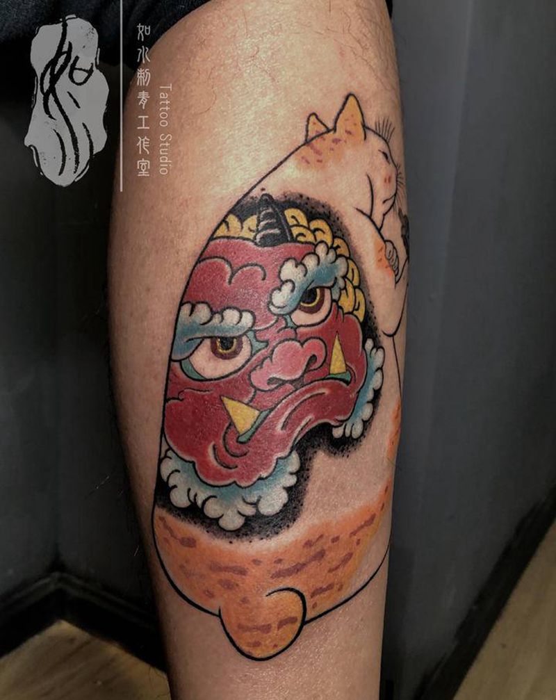 日式猫纹身图片_腿部老传统纹身图案