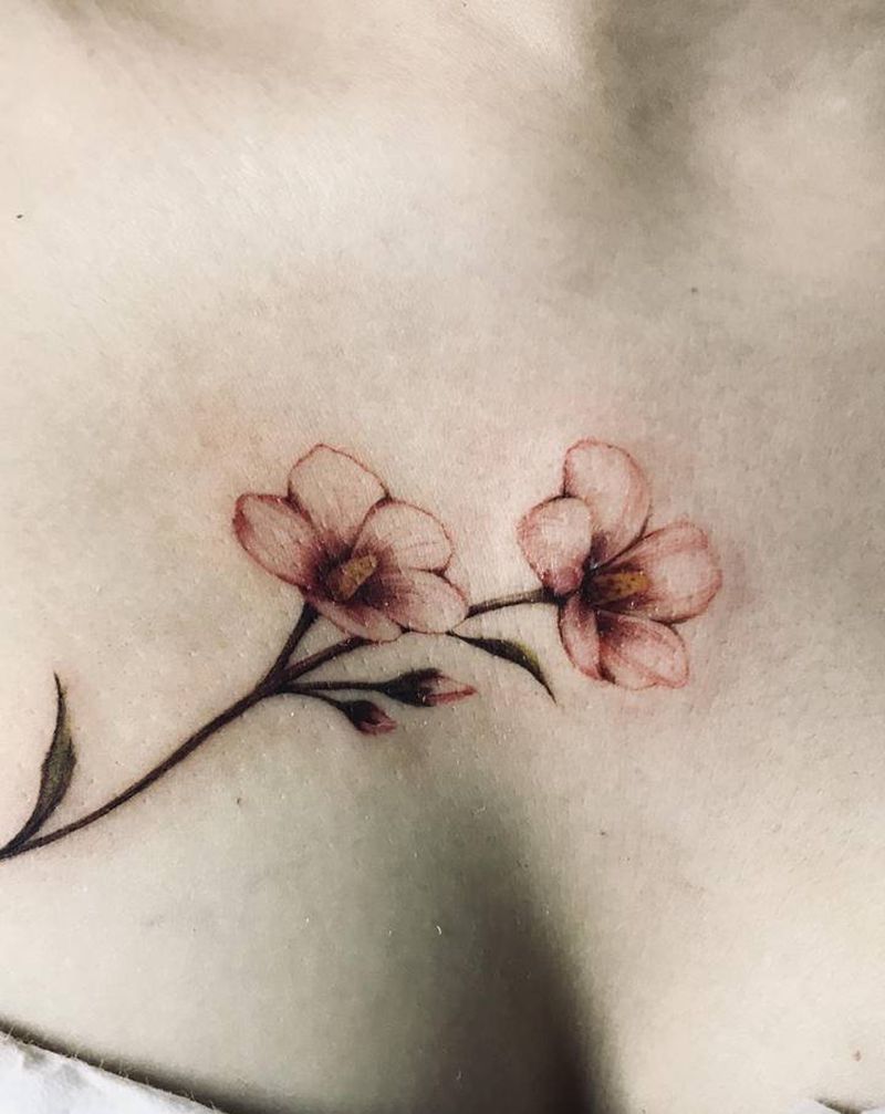 胸部小花纹身图片_胸部腰部新传统欧美写实花锁骨花胸纹身图案