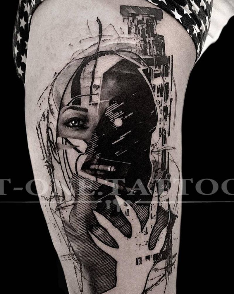 T-one纹身图片_腿部欧美写实原创纹身图案