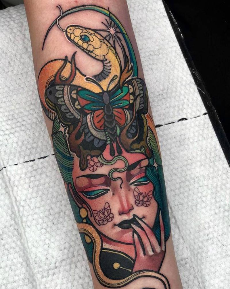 旧纹身修改添加纹身图片_手臂New School蝴蝶纹身图案