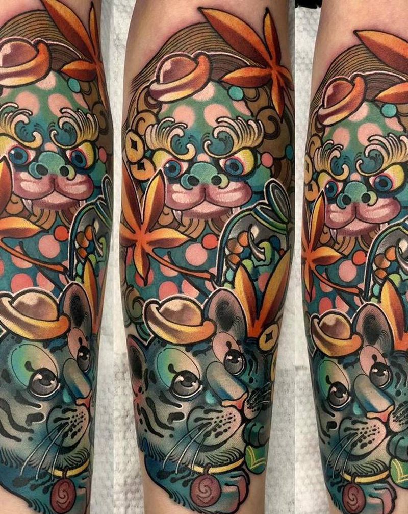 老虎，狮子纹身图片_手臂New School纹身图案