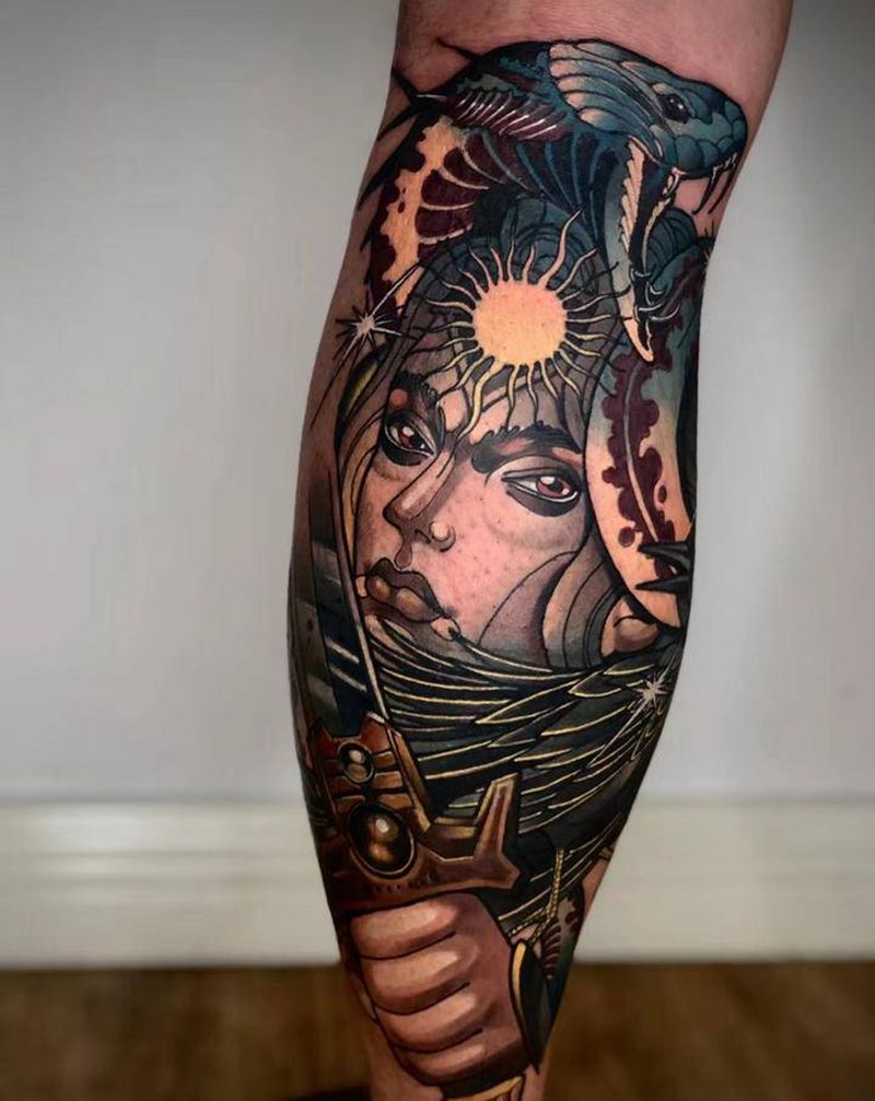 阿波罗遮盖旧纹身纹身图片_腿部New School阿波罗龙乌鸦纹身图案