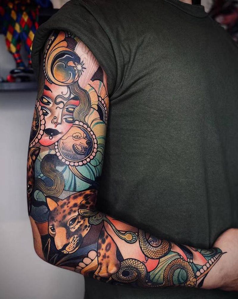 花臂纹身图片_手臂New School女神豹子蛇纹身图案