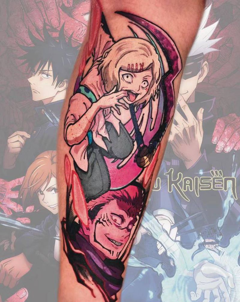 咒术回战× 东京喰种纹身图片_腿部New School东京喰种咒术回战两面宿傩纹身图案