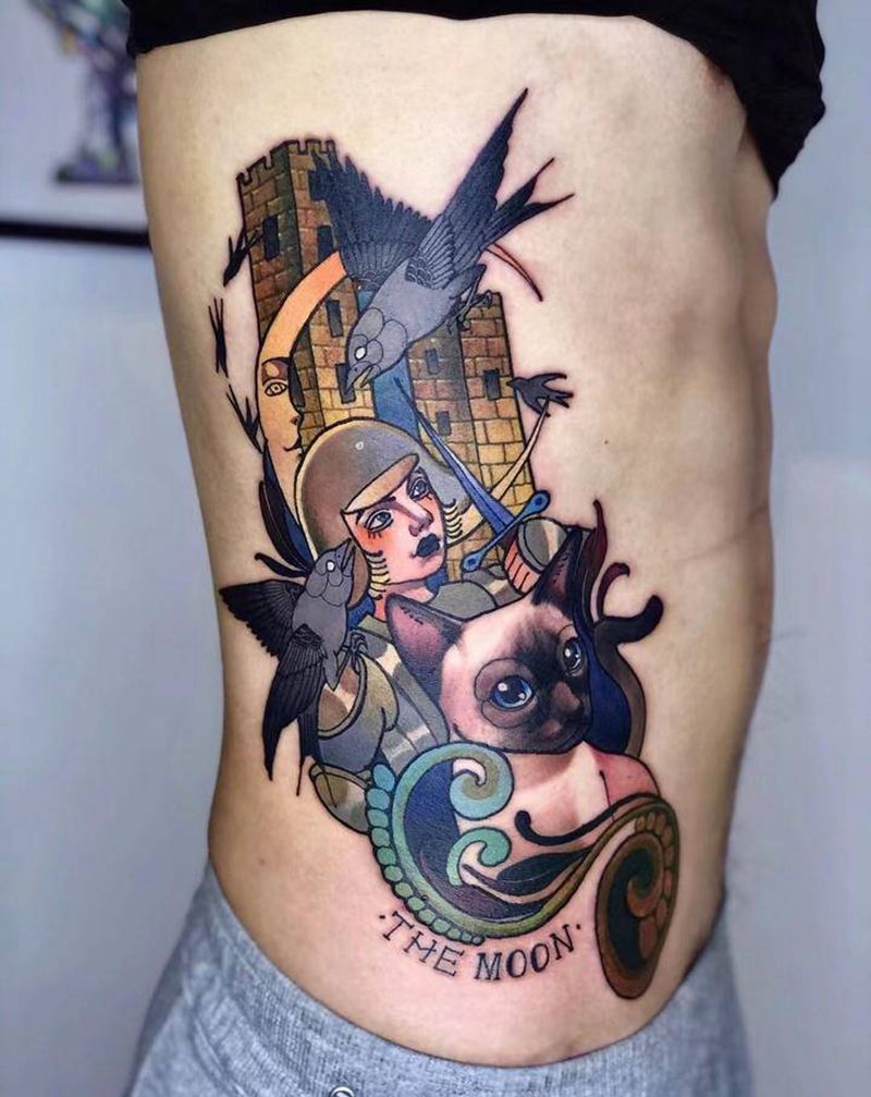 侧腰纹身纹身图片_腰部New School塔罗牌The moon纹身图案