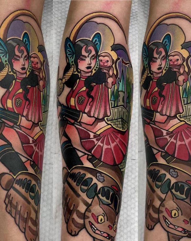 动漫串烧纹身图片_手臂New School哈利波特龙猫生肖纹身图案