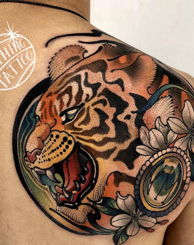 老虎宝石纹身图片_背部New School老虎宝石花纹身图案