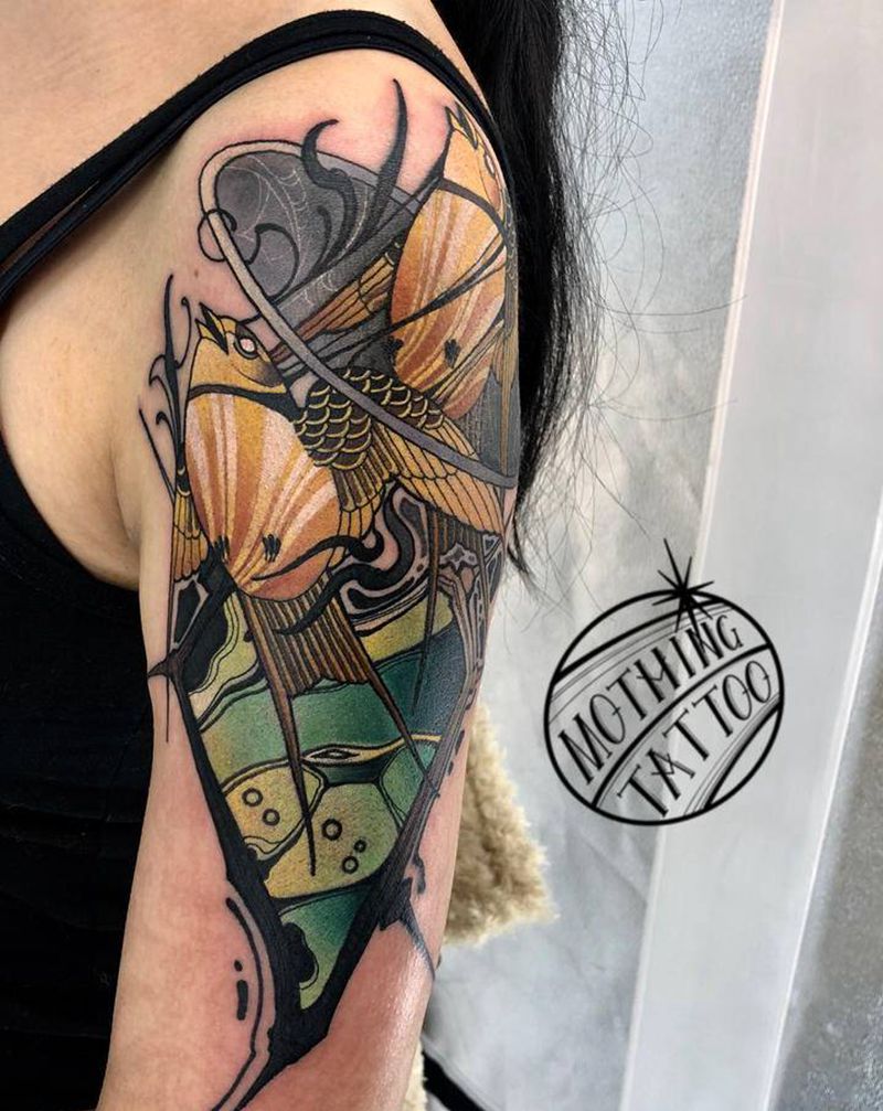 冲破纹身图片_手臂New School鸟荆棘纹身图案