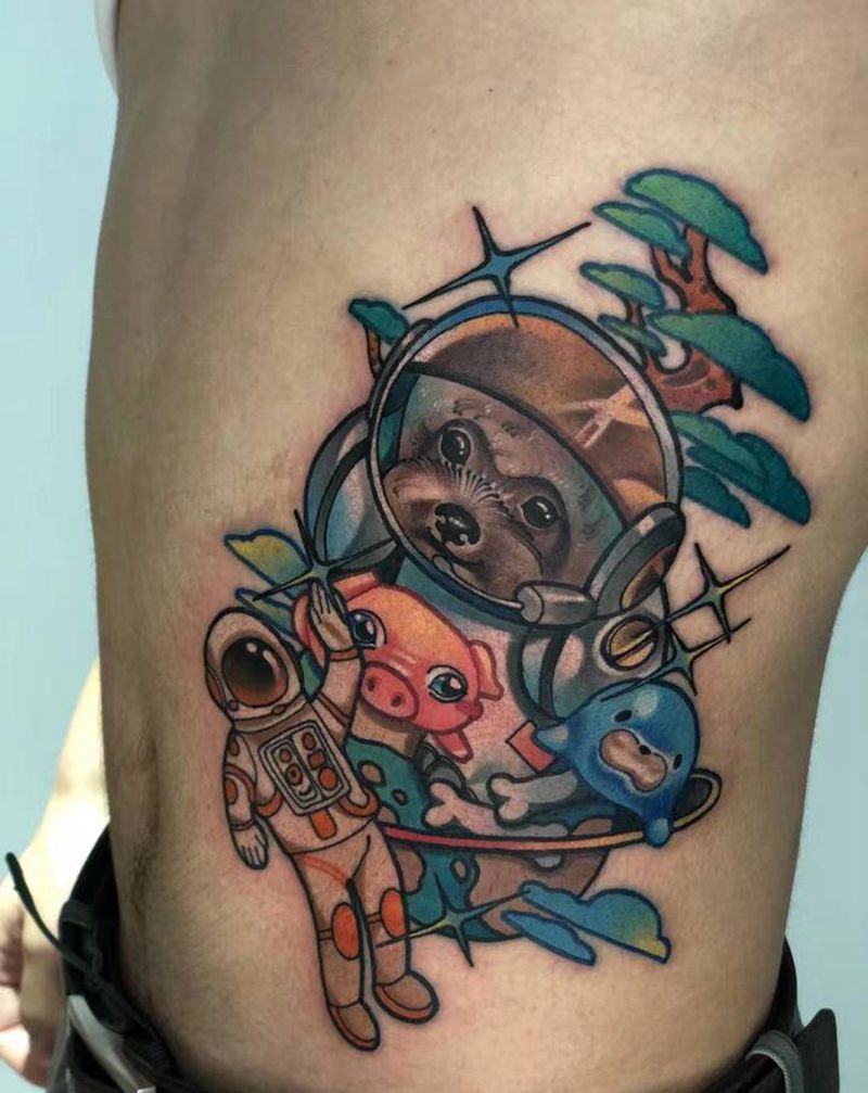 泰迪小狗纹身图片_腰部New School泰迪纹身图案