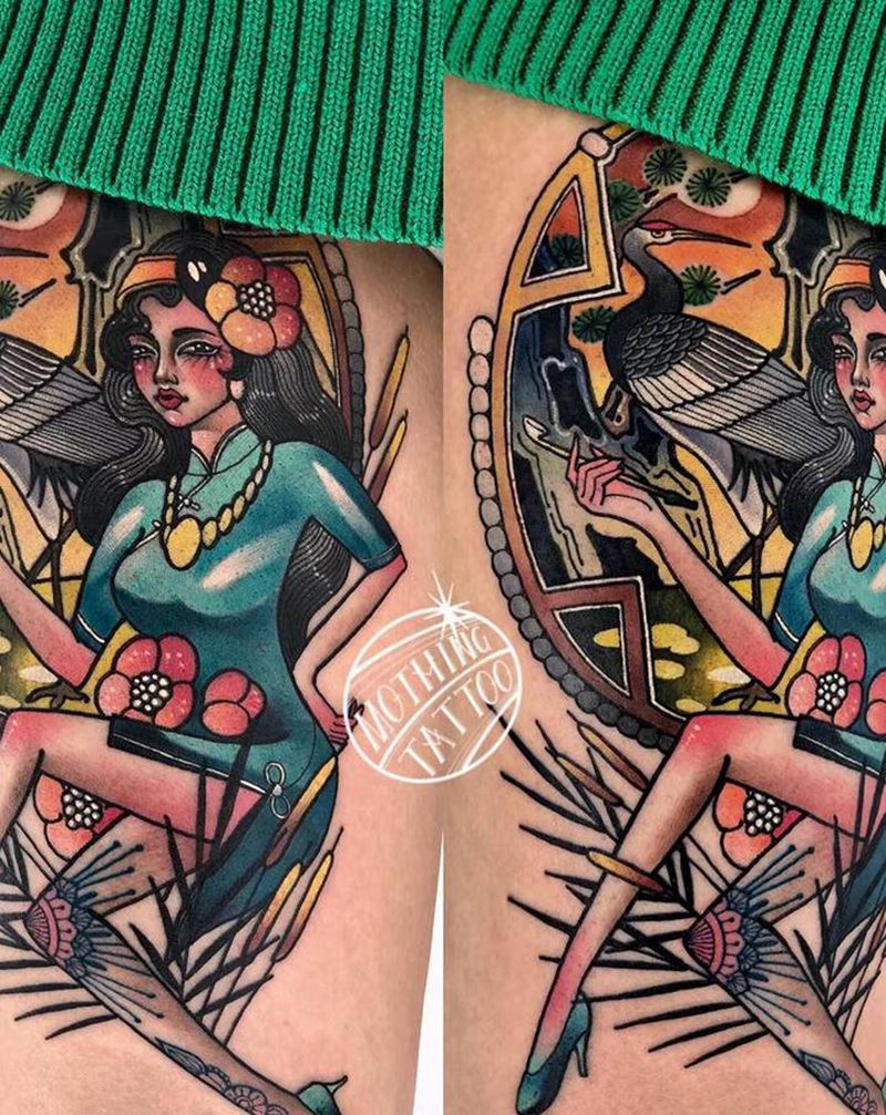 旗袍女人和鹤纹身图片_腿部New School旗袍鹤纹身图案