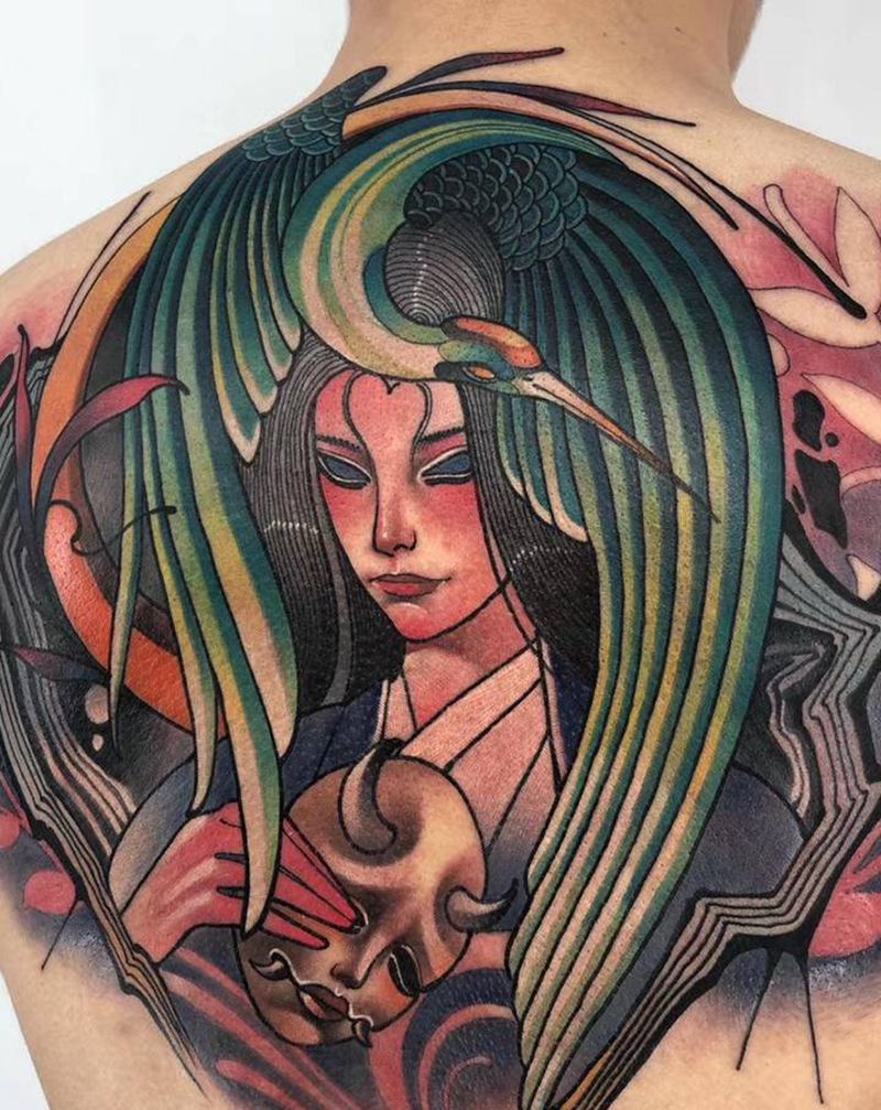 仙鹤女纹身图片_背部New School仙鹤艺伎纹身图案