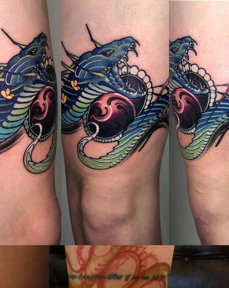 腿环遮盖纹身图片_腿部New School龙纹身图案