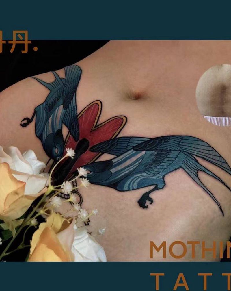 疤痕遮盖纹身图片_腹部New School鸟纹身图案