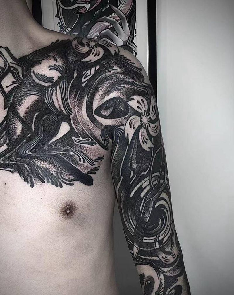 意识流暗黑纹身图片_胸部手臂几何点刺漩涡剪刀纹身图案