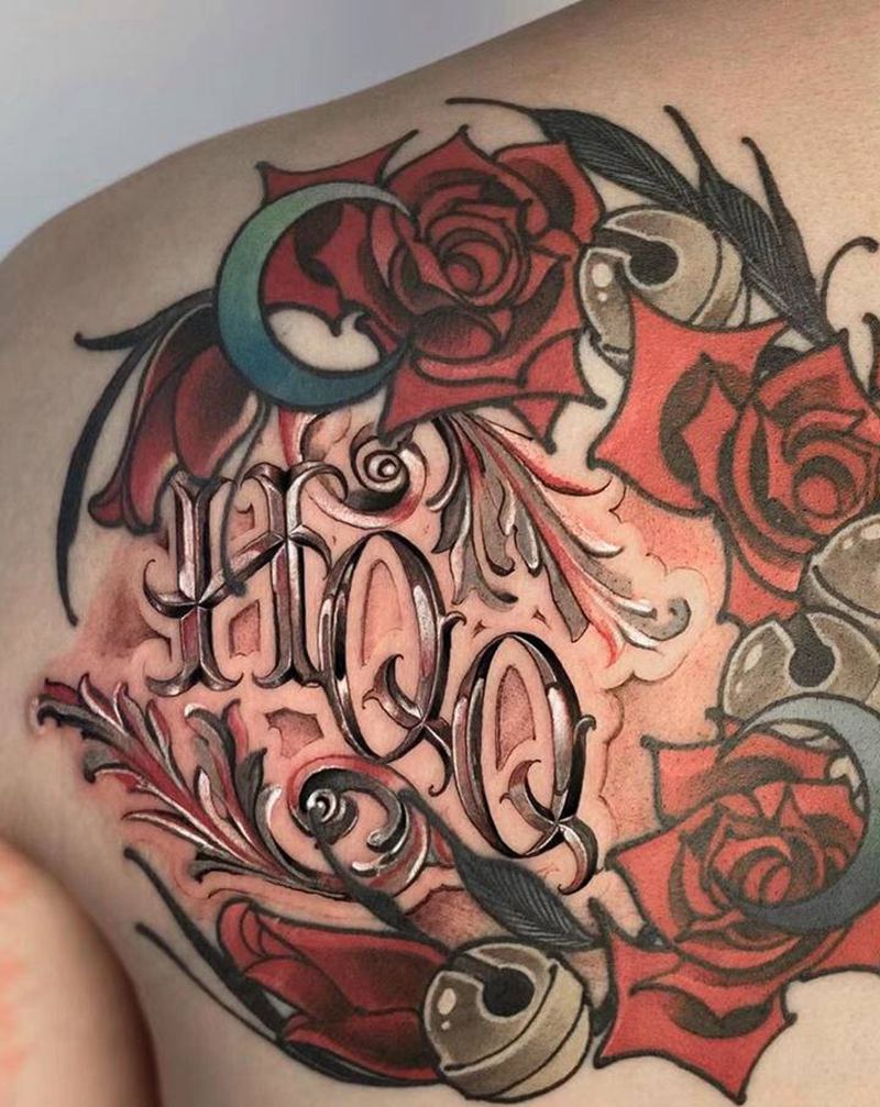 花环，金属字体纹身图片_肩部New School花体字花环花体字纹身图案