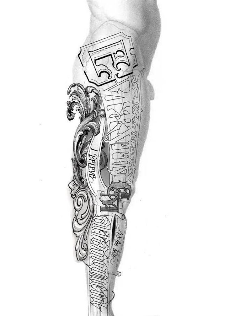 花腿 客稿纹身图片_腿部花体字欧美写实纹身图案