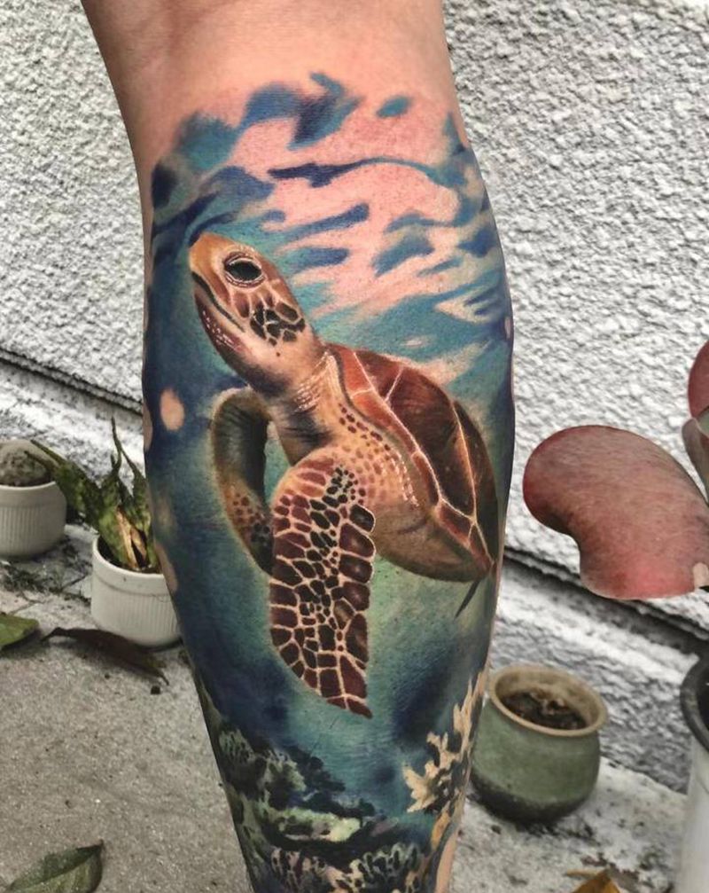 海龟纹身图片_腿部欧美写实New School海龟纹身图案