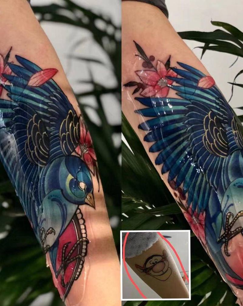 遮盖纹身图片_手臂New School鸟纹身图案