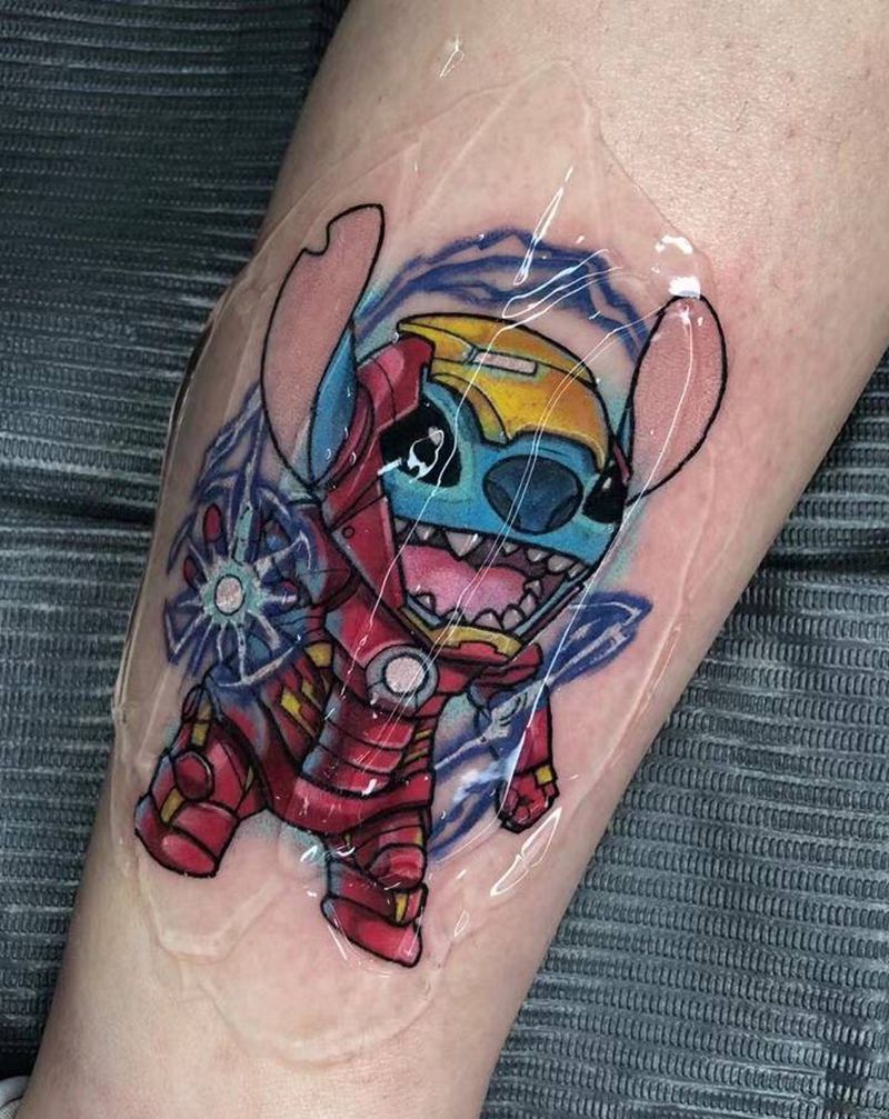 钢铁侠史迪仔纹身图片_腿部New School钢铁侠史迪仔纹身图案