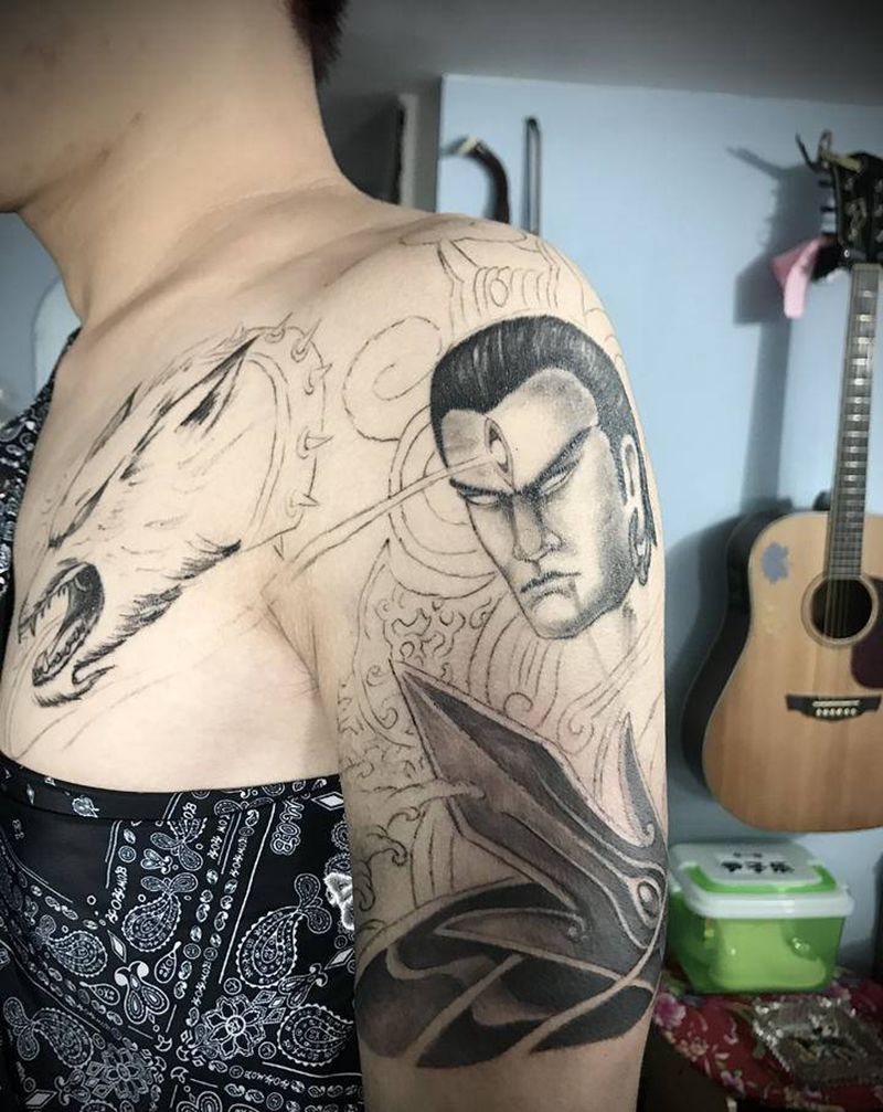 二郎神半成品纹身图片_胸部肩部新传统欧美写实半甲二郎神纹身图案