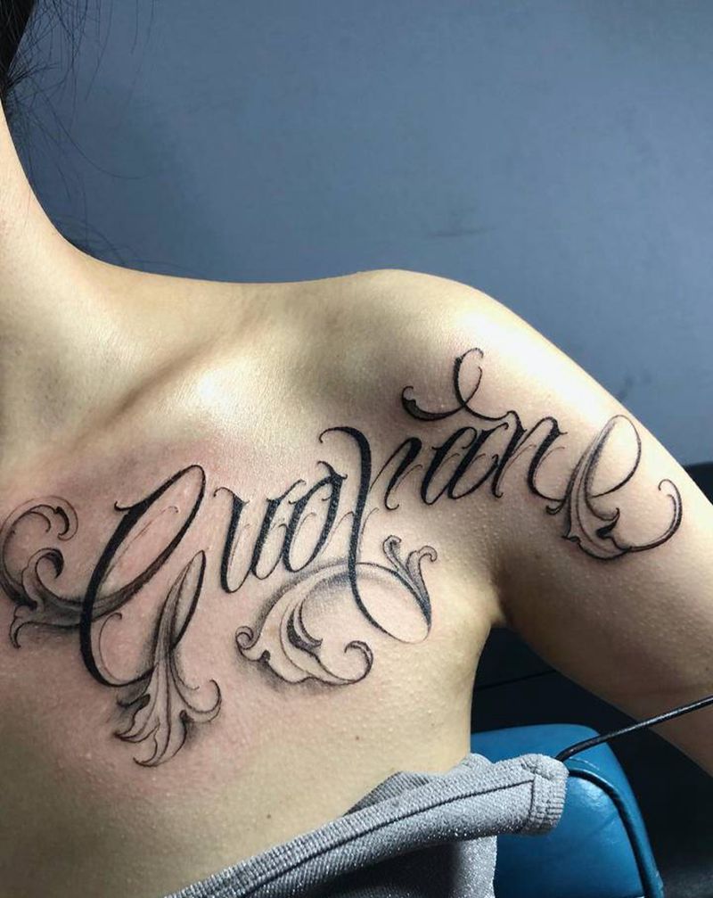 洛可可花体字纹身图片_肩部花体字欧美写实纹身图案