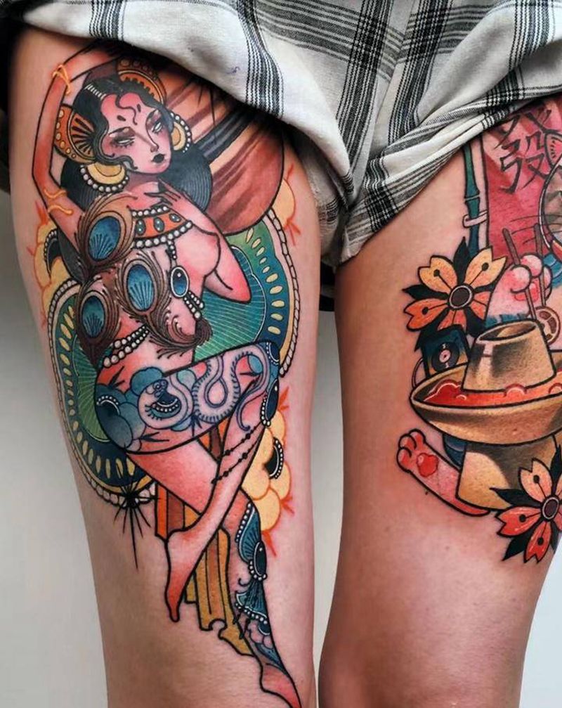 一对纹身图片_腿部New School猫纹身图案