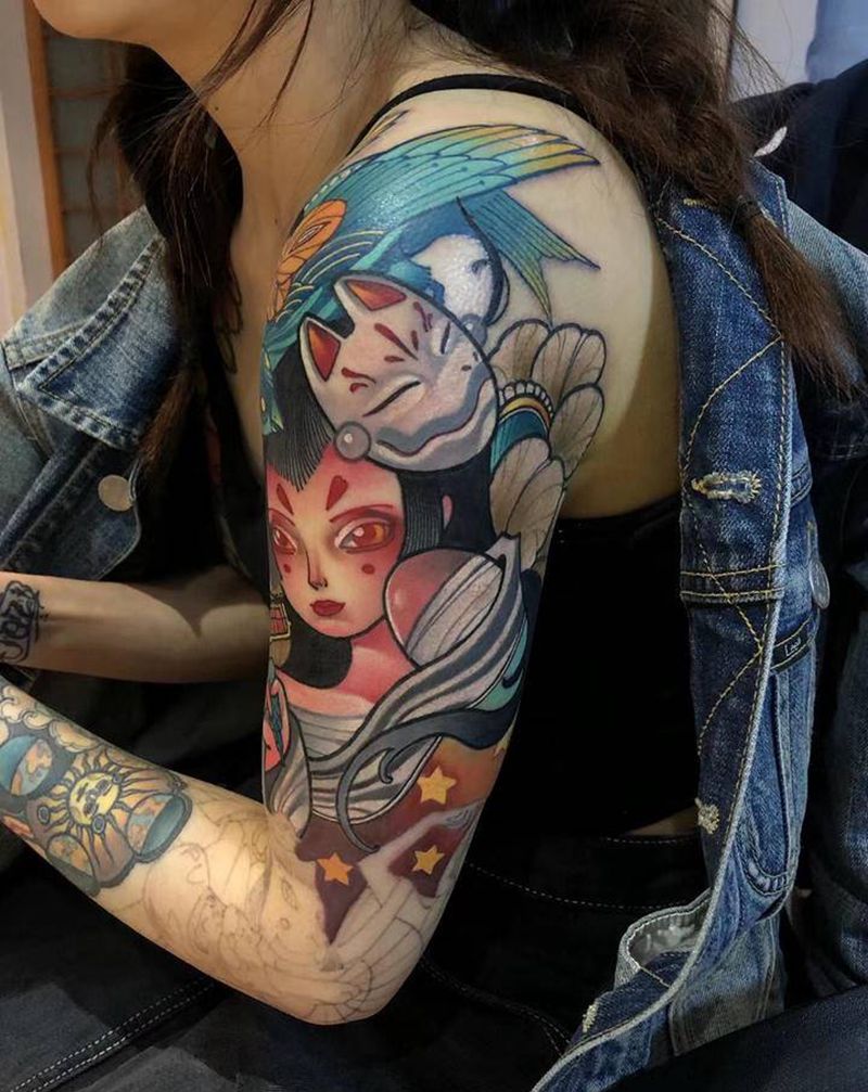 花臂纹身图片_手臂New School纹身图案