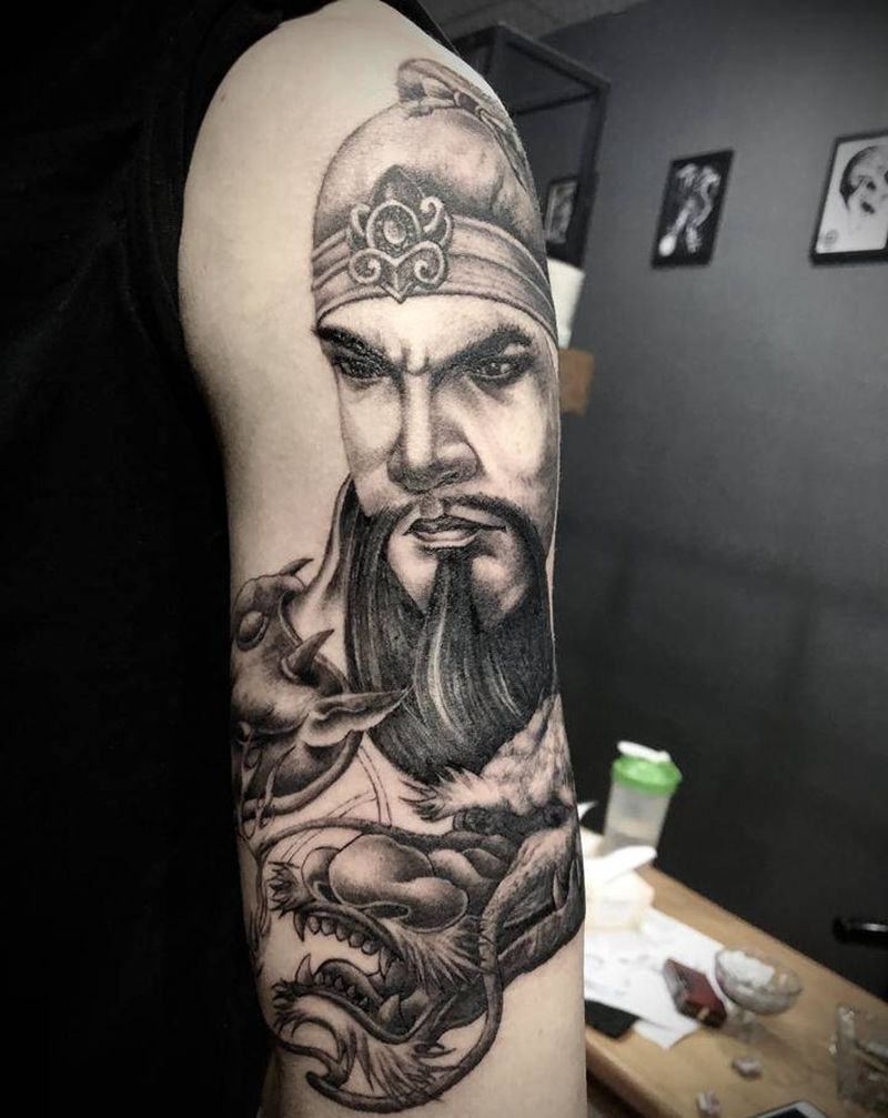 关羽未完纹身图片_手臂新传统欧美写实关公关羽花臂纹身图案