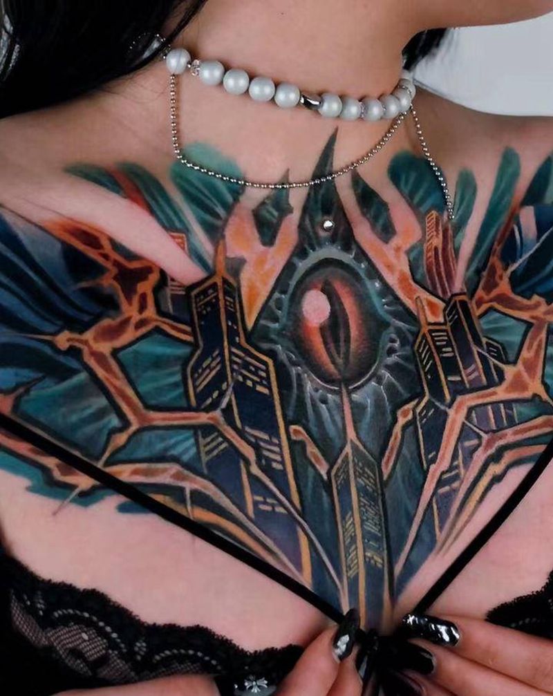 花胸纹身图片_胸部New School纹身图案