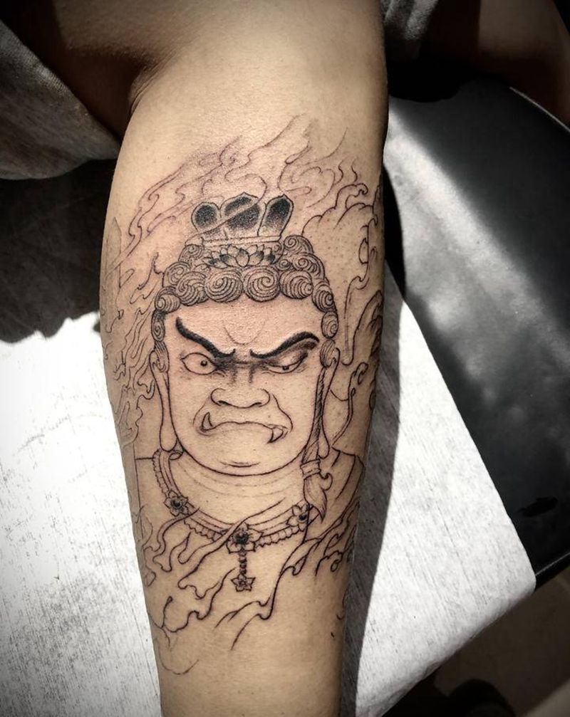 明王线条纹身图片_手臂手部新传统欧美写实明王花臂纹身图案