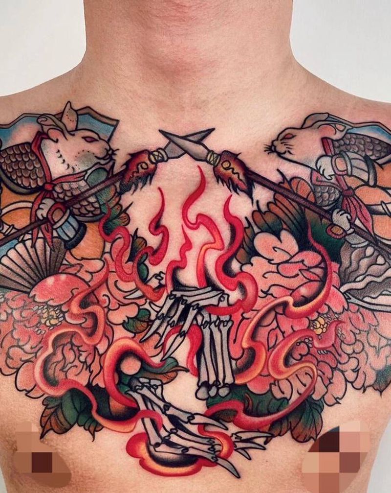 花胸纹身图片_胸部New SchoolOld School兔子牡丹纹身图案