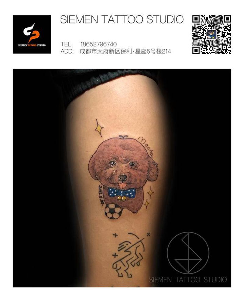 泰迪纹身图片_腿部New School狗狗卡通纹身图案