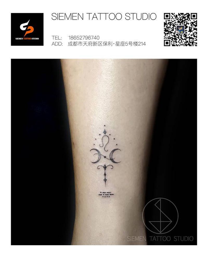 狮子座♌️纹身图片_腿部脚部几何点刺狮子座♌️摩斯电码纹身图案