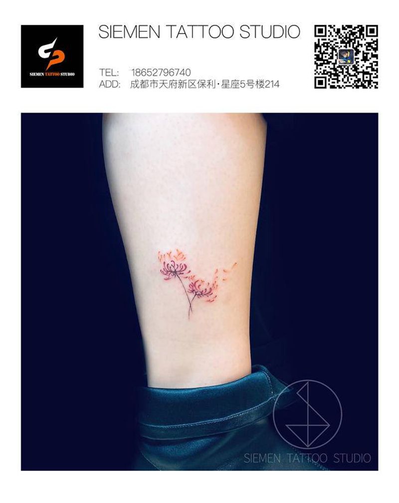 彼岸花纹身图片_腿部水彩水墨彼岸花纹身图案