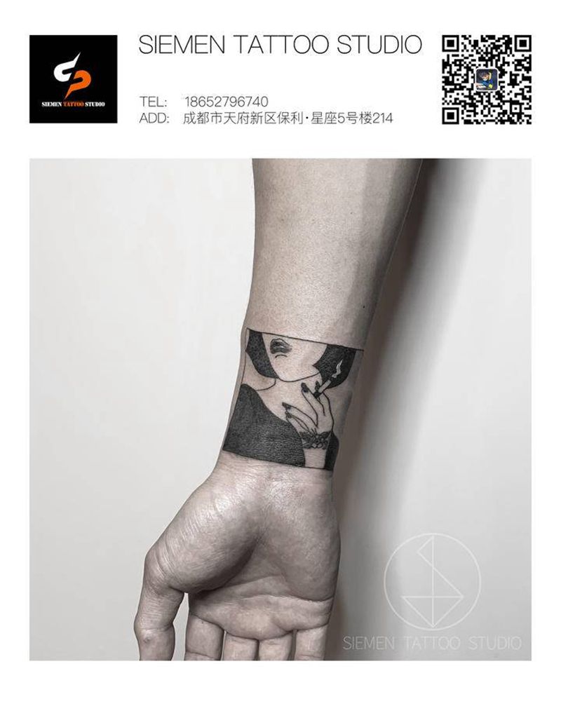 简笔画纹身图片_手臂几何图腾女人剪影纹身图案