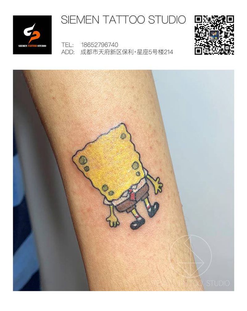 海绵宝宝纹身图片_手臂New School海绵宝宝纹身图案
