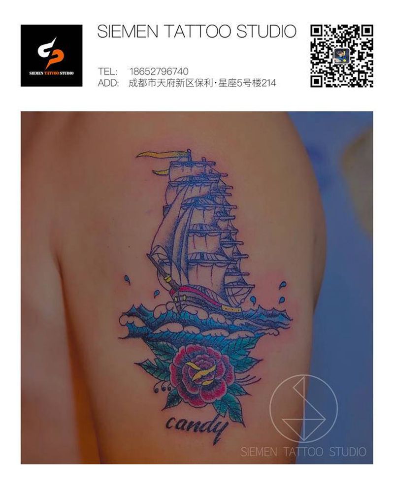帆船纹身图片_手臂Old School帆船花纹身图案
